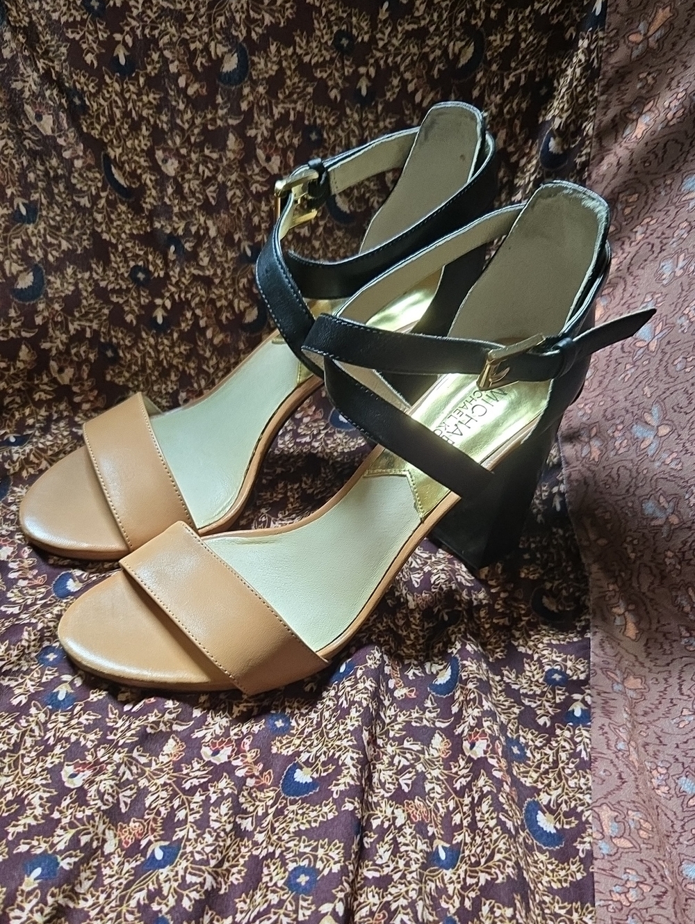 Michael Kors Two-Tone Tan and Black Block Heel Sandals